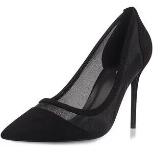 Women Black Mesh Polyurethane Closed Pointed Toe Stiletto High Heel Shoes Pumps
